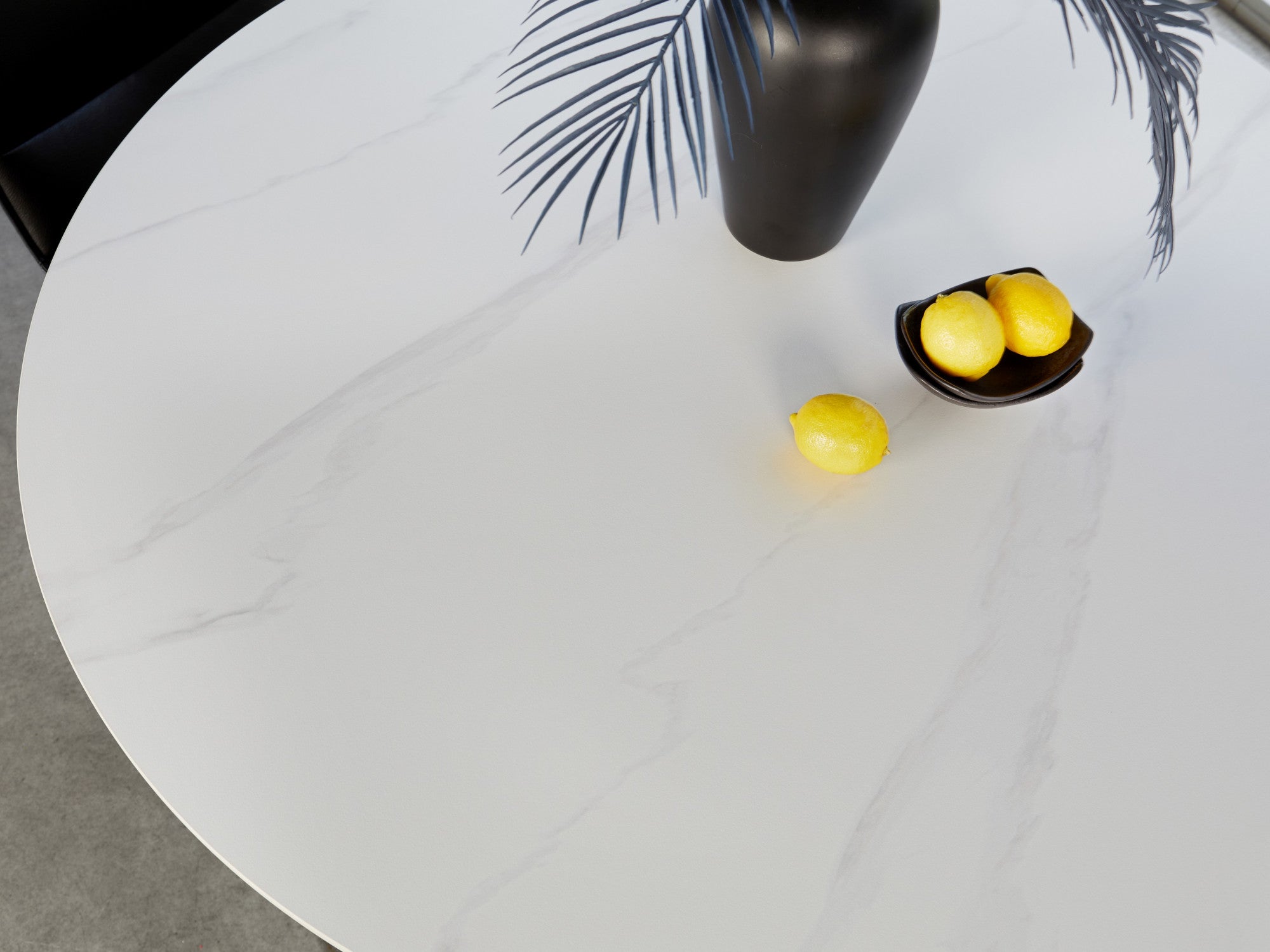 Venice Round Dining Table – Snow White Marble Effect | Black Frame
