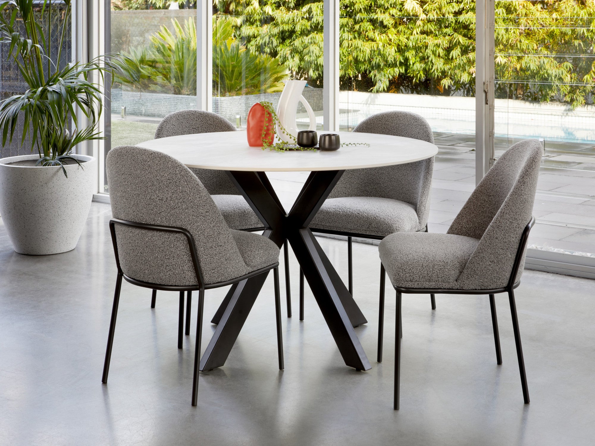 Venice Round Dining Table – Snow White Marble Effect | Black Frame
