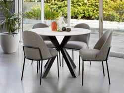 Venice Round Dining Table – Snow White Marble Effect | Black Frame