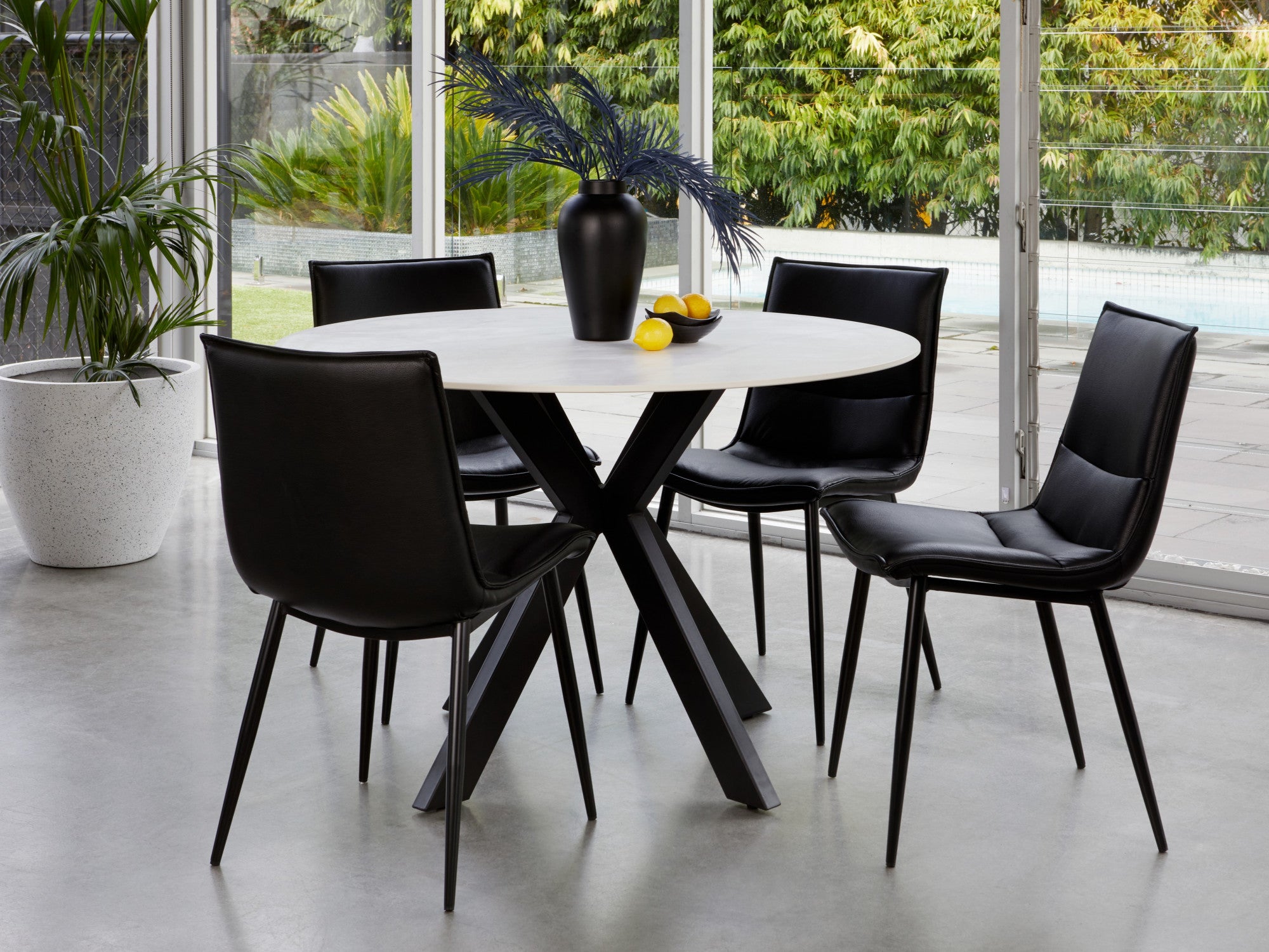 Venice Round Dining Table – Snow White Marble Effect | Black Frame