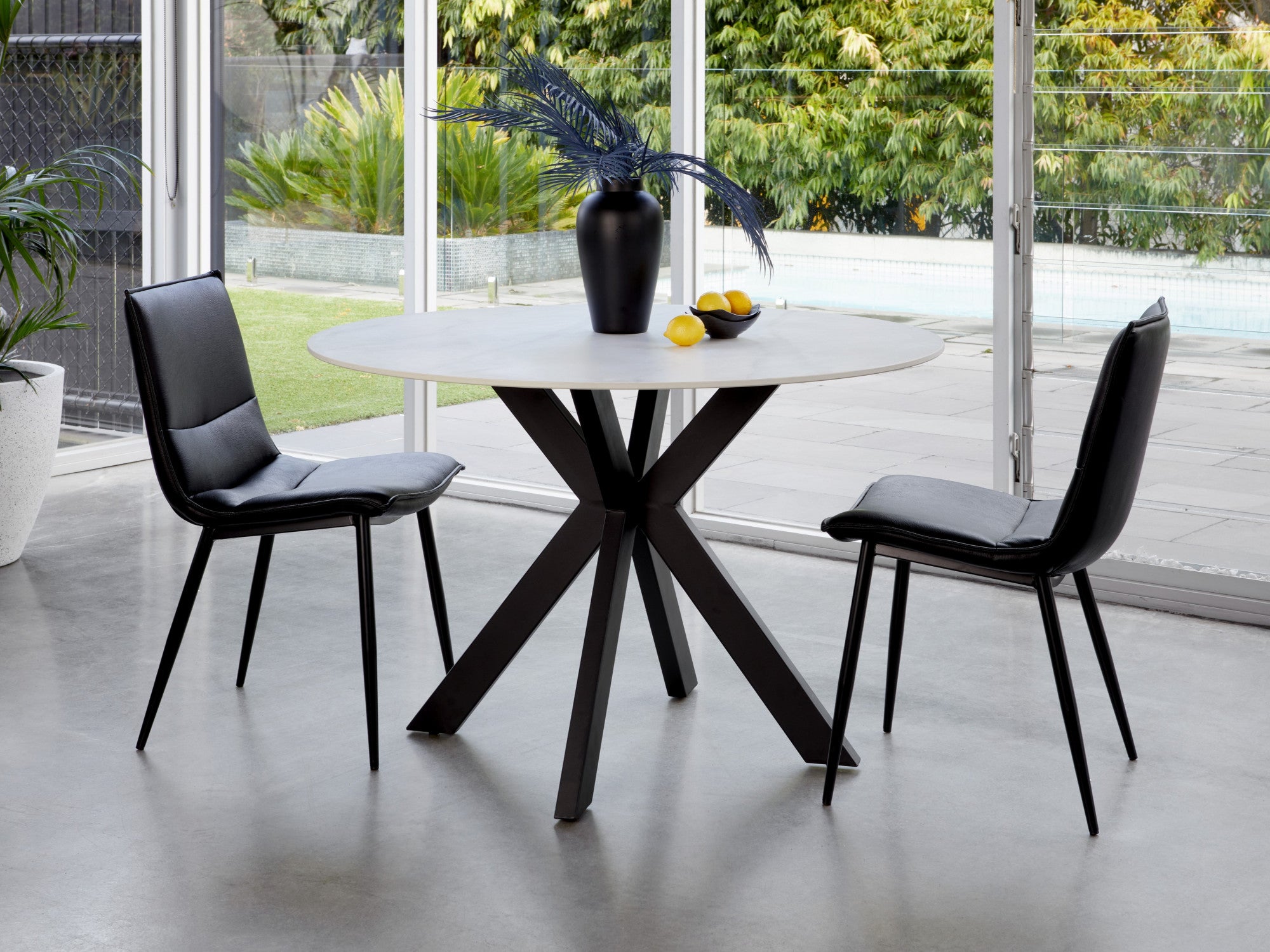 Venice Round Dining Table – Snow White Marble Effect | Black Frame
