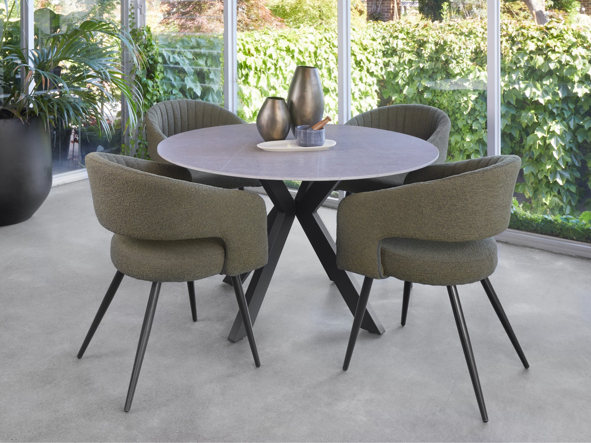 Venice Round Dining Table – Bulgarian Grey Marble Effect | Black Frame