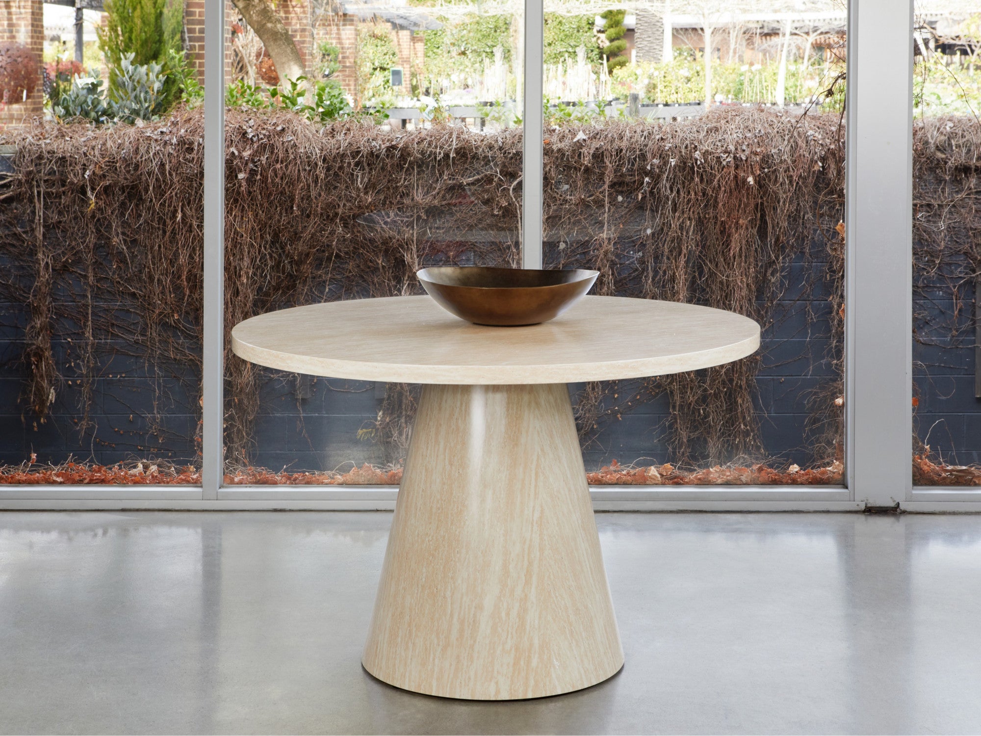 Tessa Round Dining Table – French Fawn Travertine Effect | Matching Base