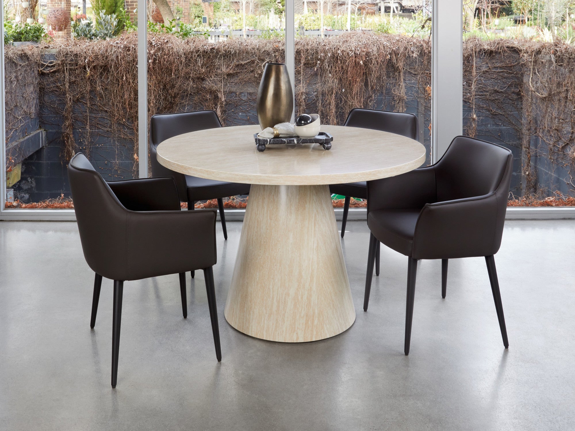 Tessa Round Dining Table – French Fawn Travertine Effect | Matching Base