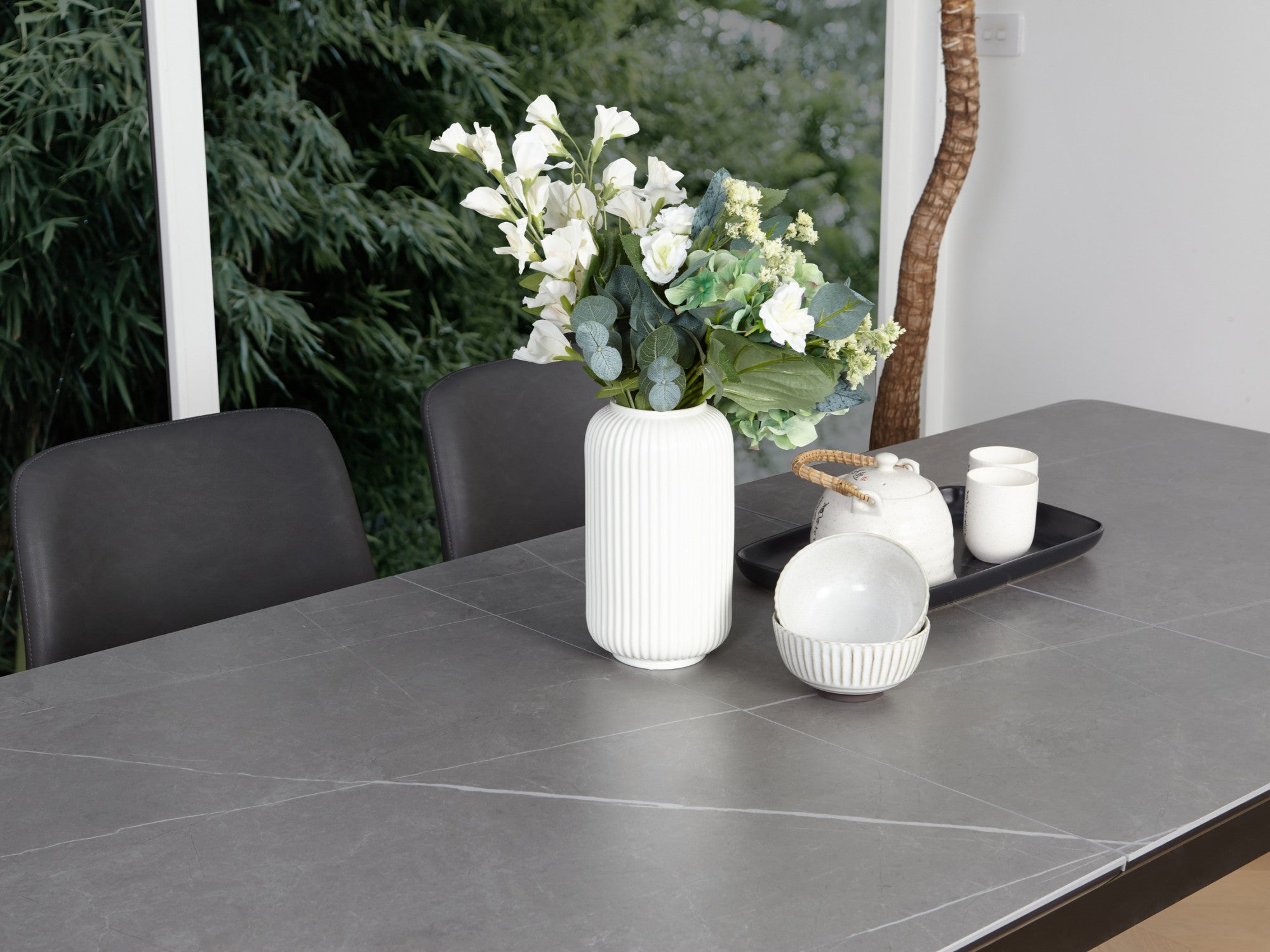 Nikita Extension Dining Table – Bulgarian Grey Marble Effect | Black Timber Frame