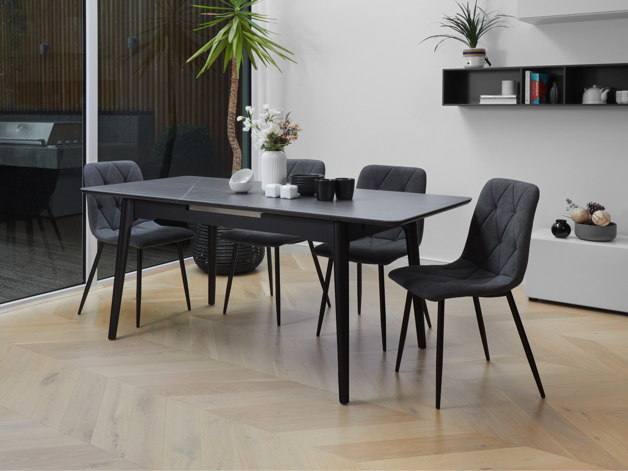 Nikita Extension Dining Table – Bulgarian Grey Marble Effect | Black Timber Frame