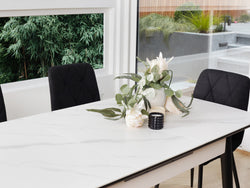 Mila Extension Dining Table – Snow White Marble Effect | Black Timber Frame