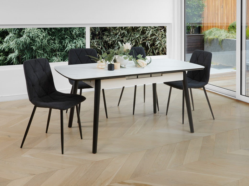 Mila Extension Dining Table – Snow White Marble Effect | Black Timber Frame