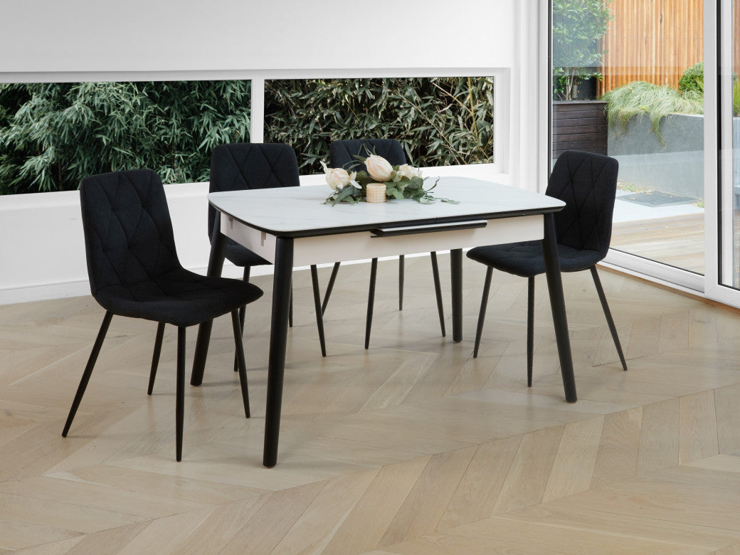 Mila Extension Dining Table – Snow White Marble Effect | Black Timber Frame