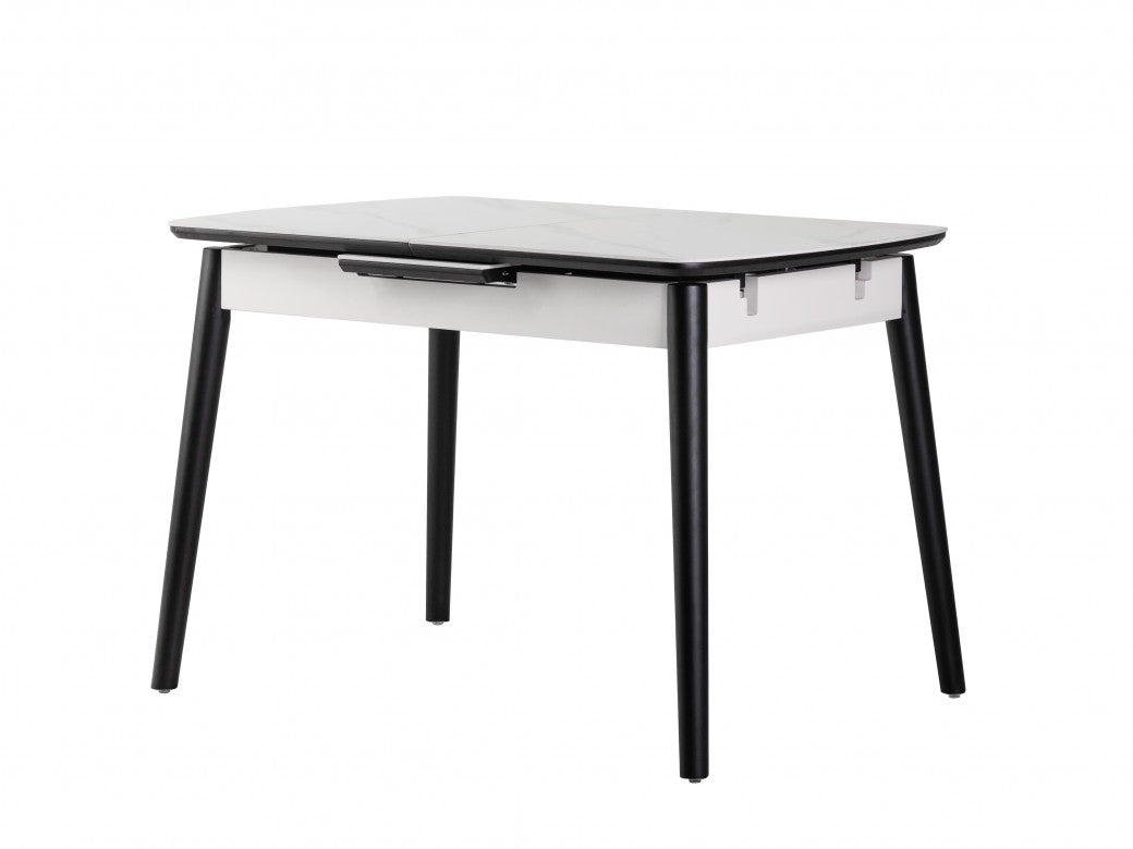 Mila Extension Dining Table – Snow White Marble Effect | Black Timber Frame