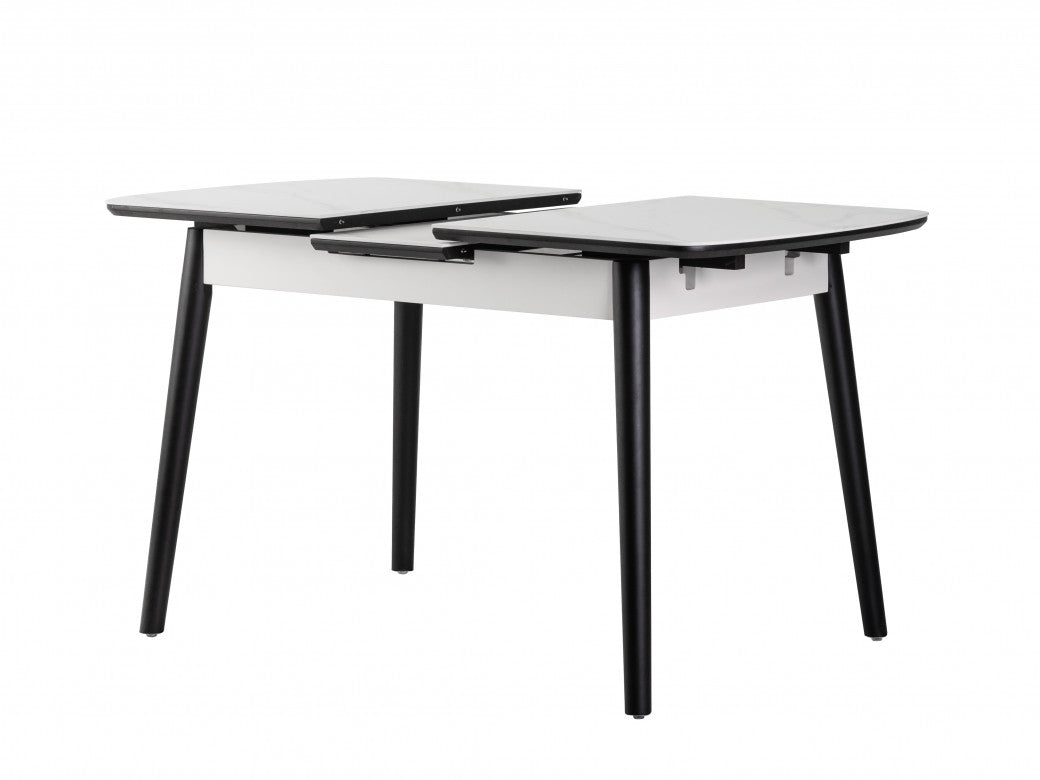 Mila Extension Dining Table – Snow White Marble Effect | Black Timber Frame