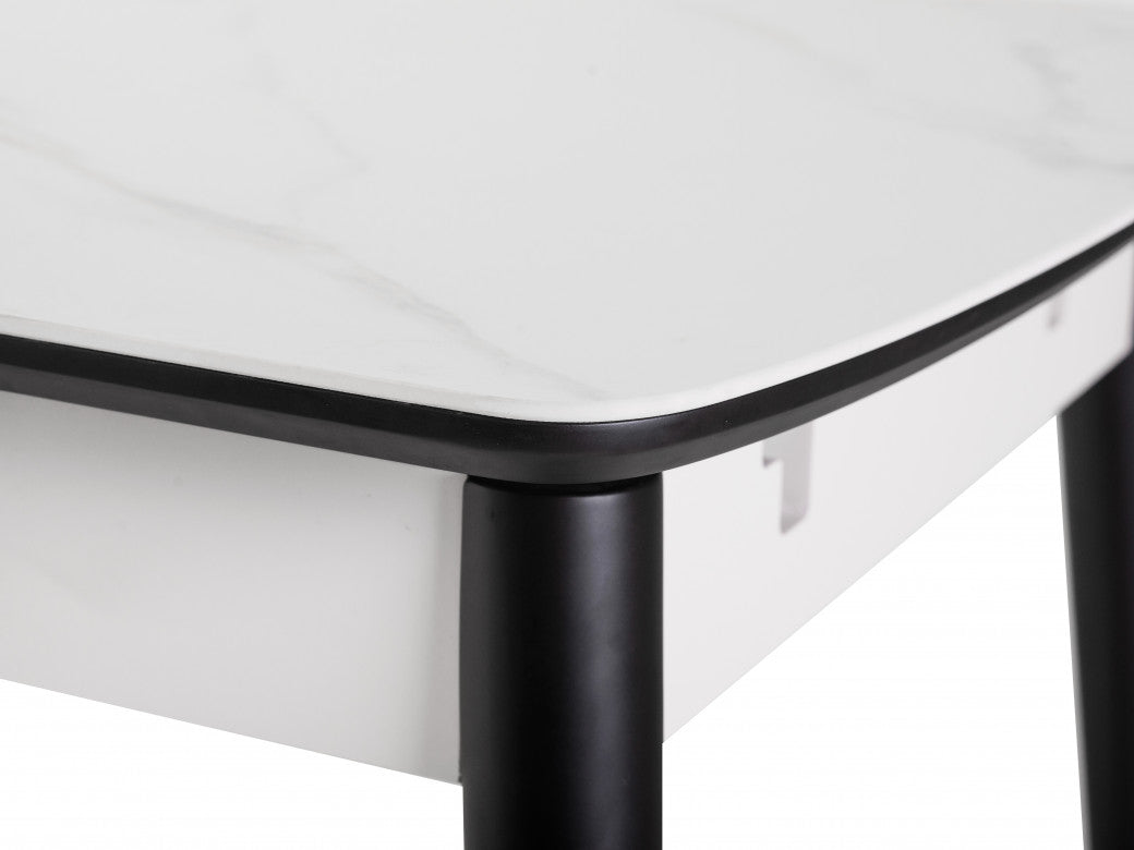 Mila Extension Dining Table – Snow White Marble Effect | Black Timber Frame