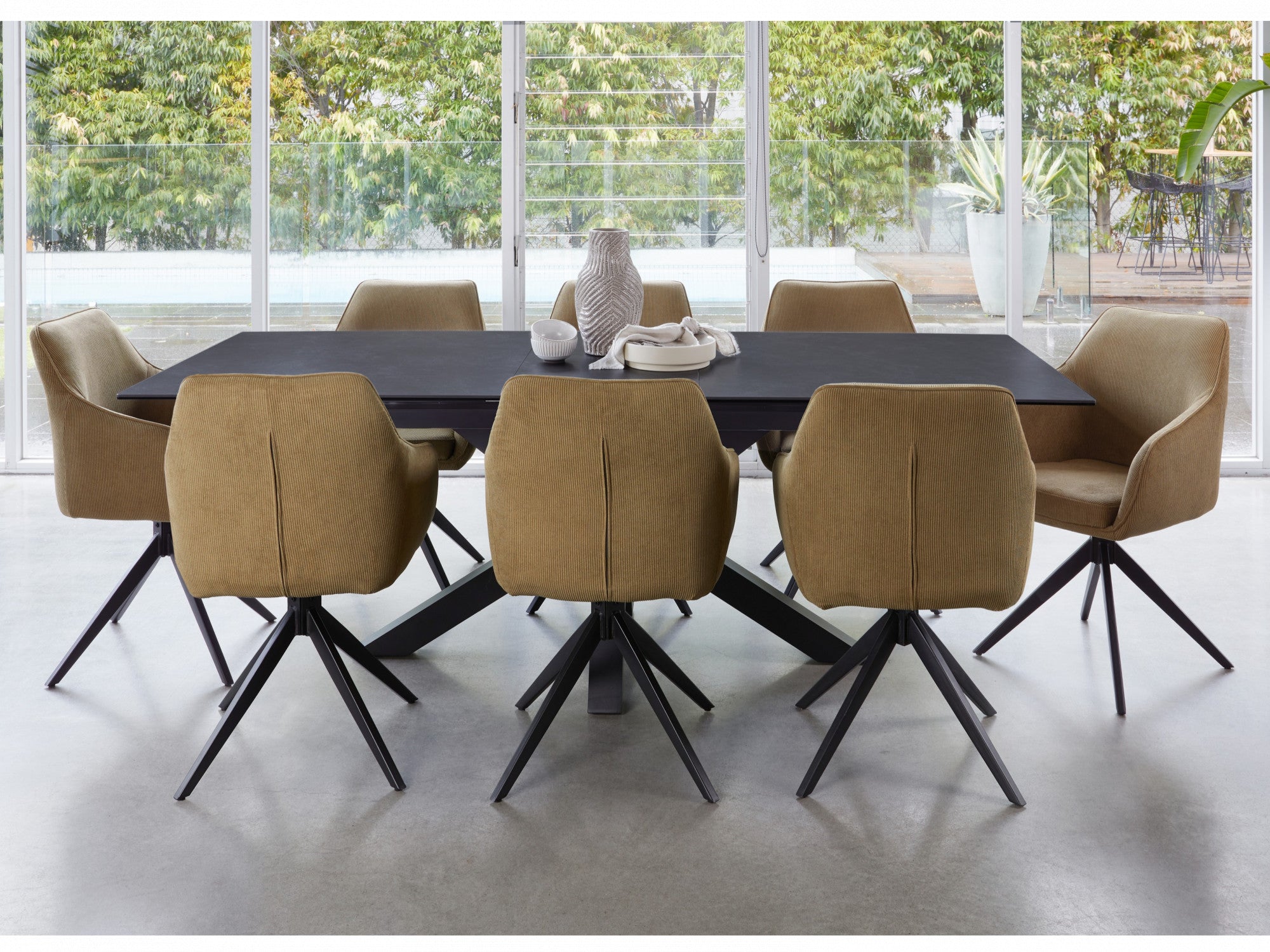 Oscar Rotation Dining Chair – Olive | Corduroy Fabric & Black Frame (Set of 2)