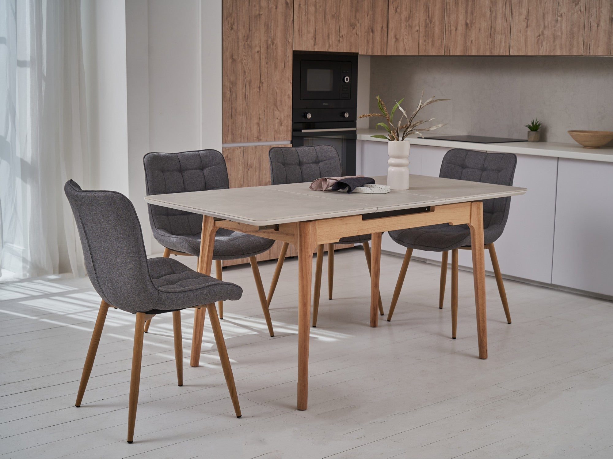 Norway Extension Dining Table – Light Grey Ceramic | Natural Timber Frame
