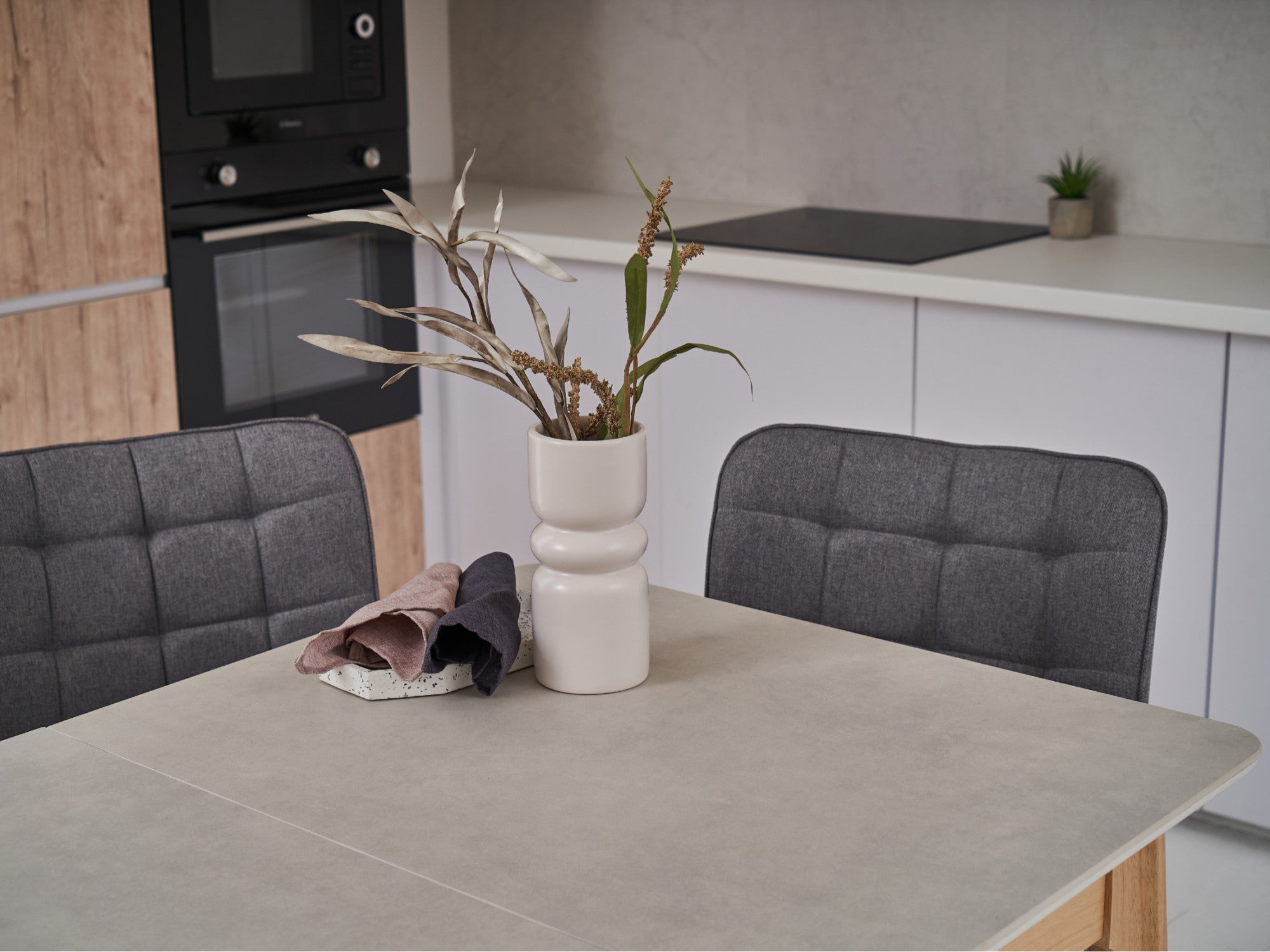 Norway Extension Dining Table – Light Grey Ceramic | Natural Timber Frame