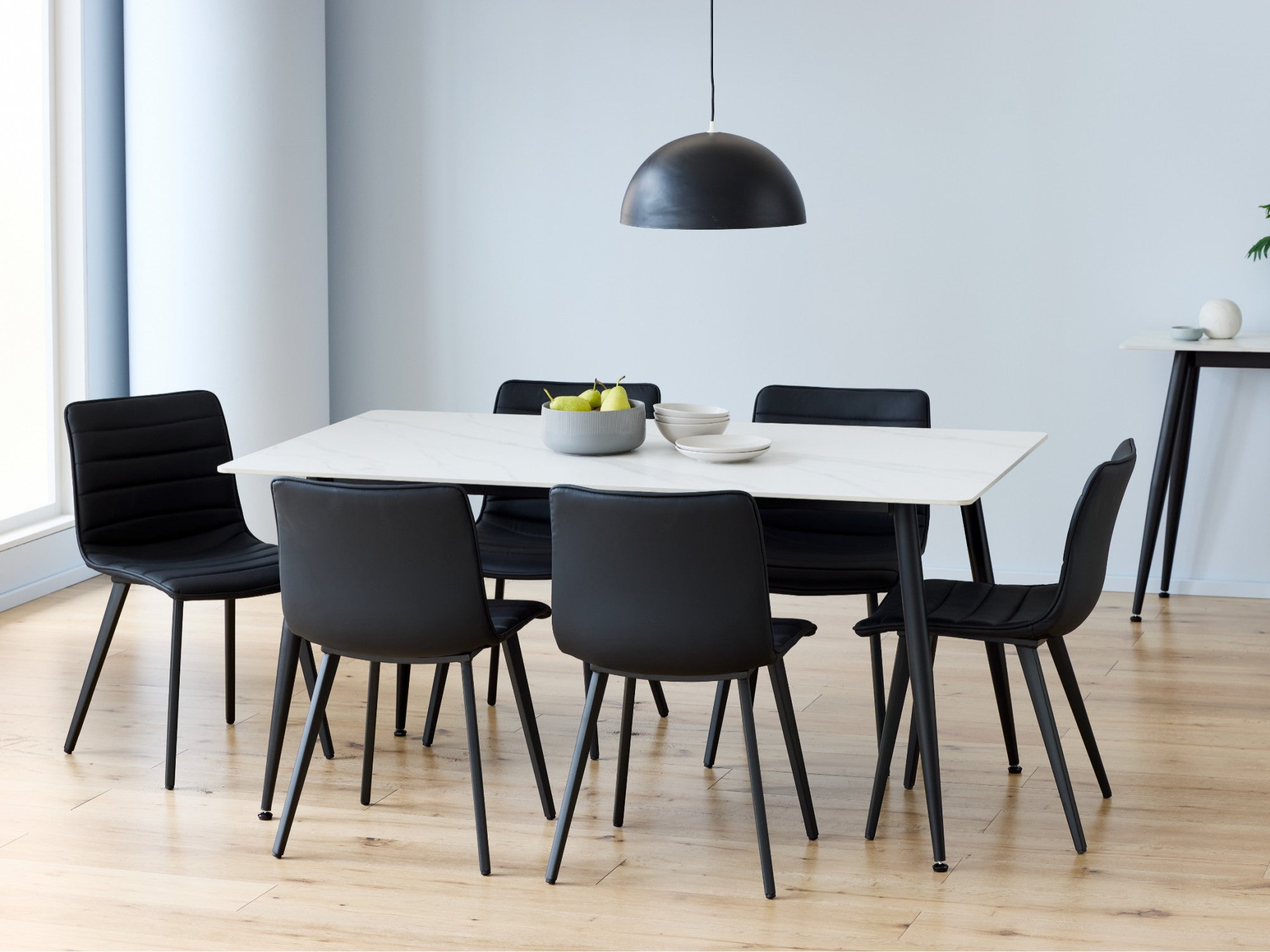 Bentley Dining Table – Snow White Marble Effect | Black Frame