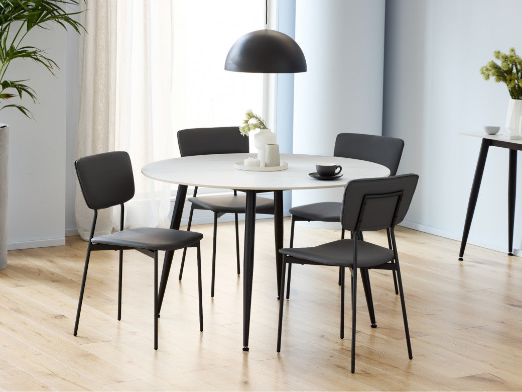 Denver Round Dining Table – Snow White Marble Effect | Black Frame