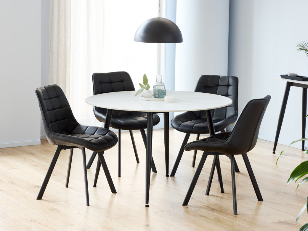 Denver Round Dining Table – Snow White Marble Effect | Black Frame