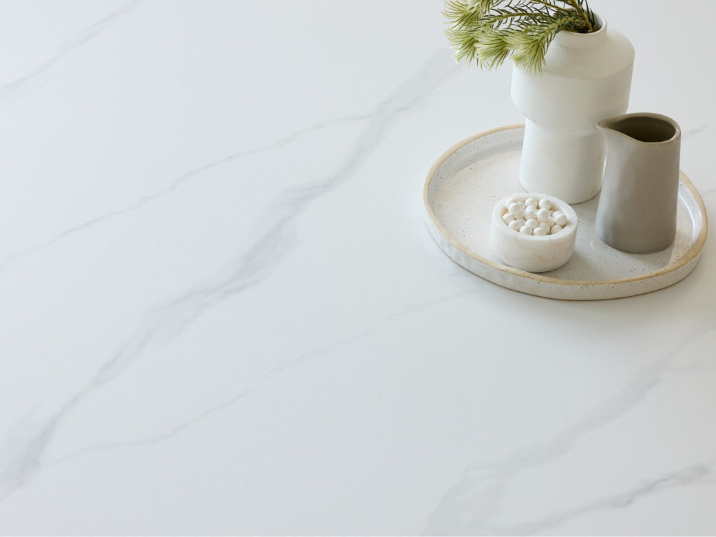 Strato Large Dining Table – White Sevella Marble Effect | Black Frame