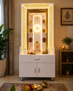 F C Home Temple Pooja Mandir With Shelfs & Legs, Decorative LED Lighting And Storage