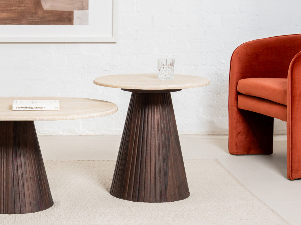 Crete Side Table – Travertine | Ebony Corrugated Base