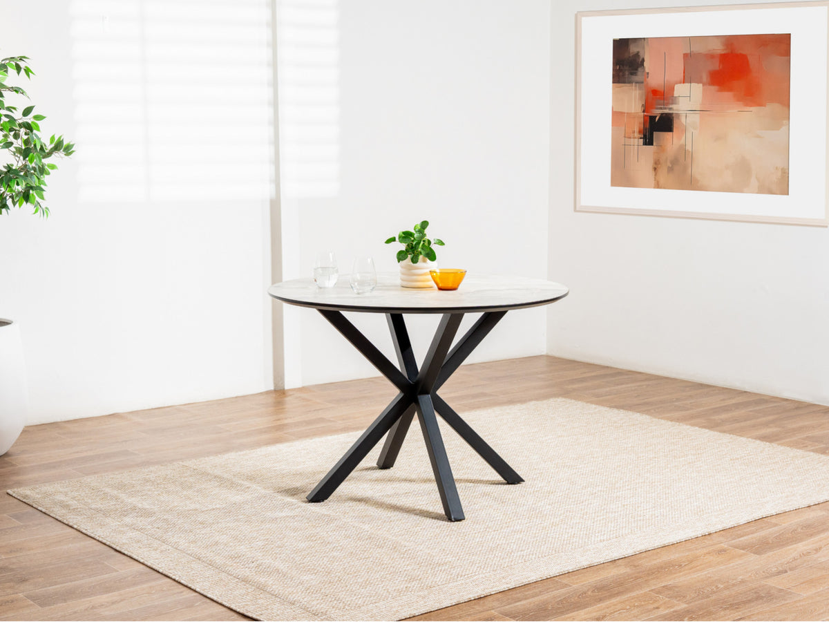 Villa Round Dining Table – Grey Cloud Marble Effect | Black Frame