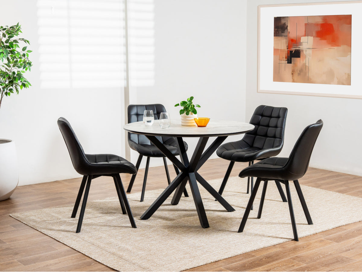 Villa Round Dining Table – Grey Cloud Marble Effect | Black Frame