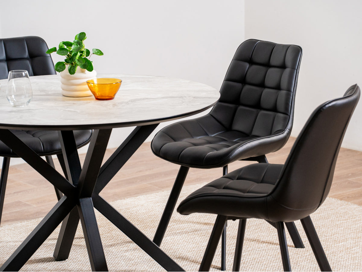 Villa Round Dining Table – Grey Cloud Marble Effect | Black Frame