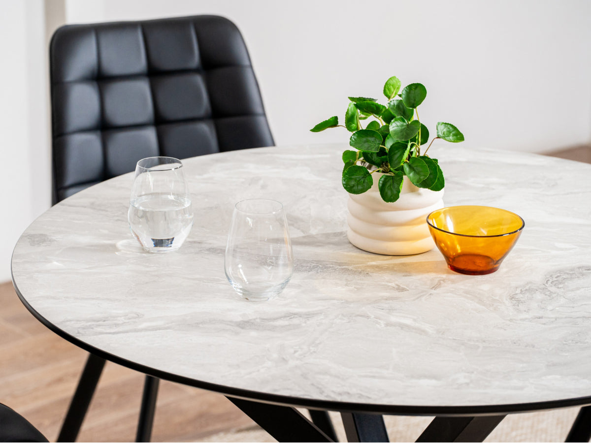 Villa Round Dining Table – Grey Cloud Marble Effect | Black Frame