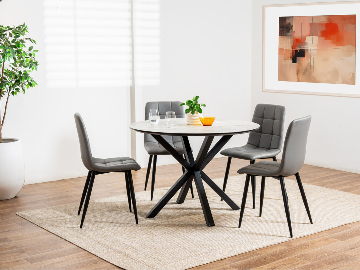 Villa Round Dining Table – Grey Cloud Marble Effect | Black Frame