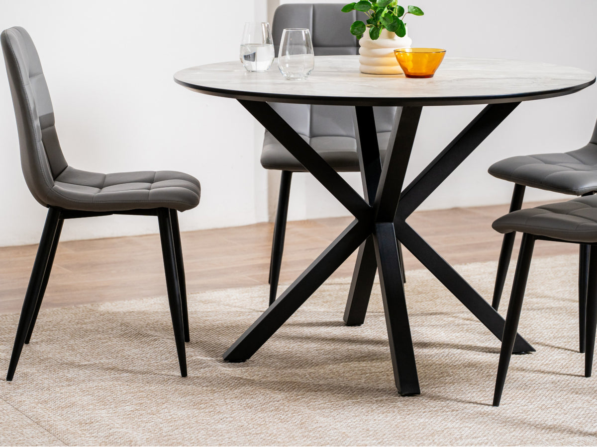 Villa Round Dining Table – Grey Cloud Marble Effect | Black Frame
