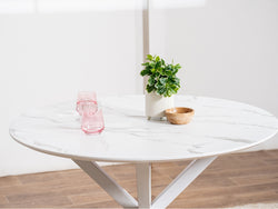 Villa Round Dining Table – White Marble Effect | White Frame