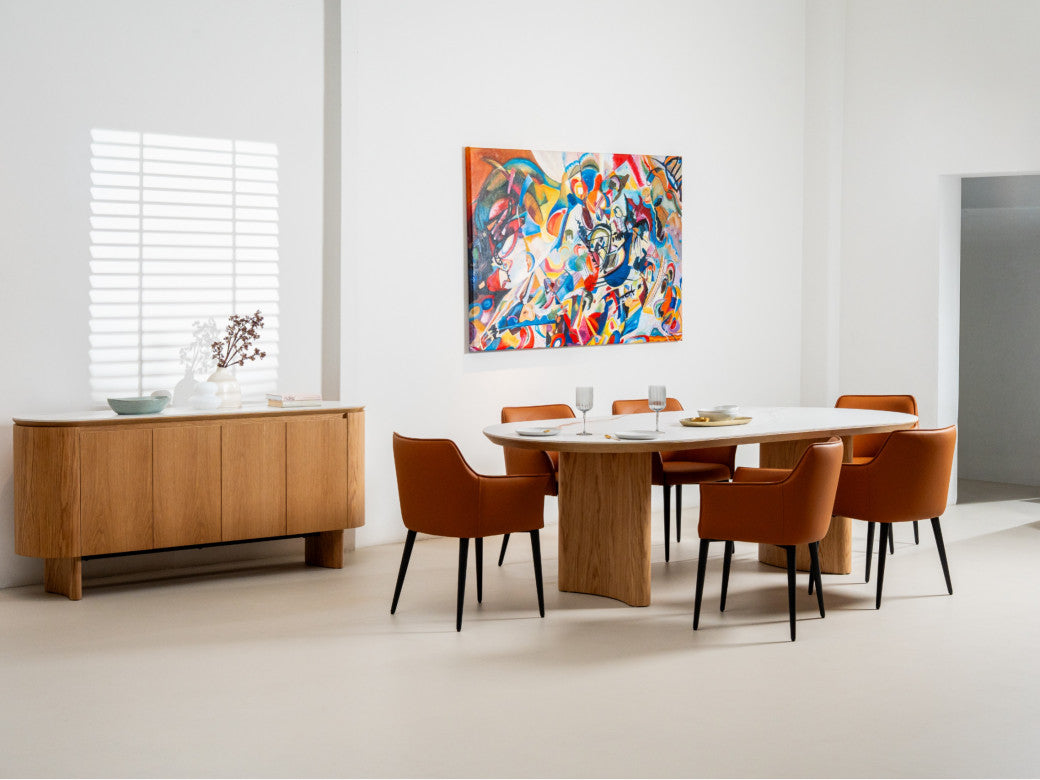 Lucerne Dining Table – Natural & Ceramic | White Oak Veneer & Marble Effect Top