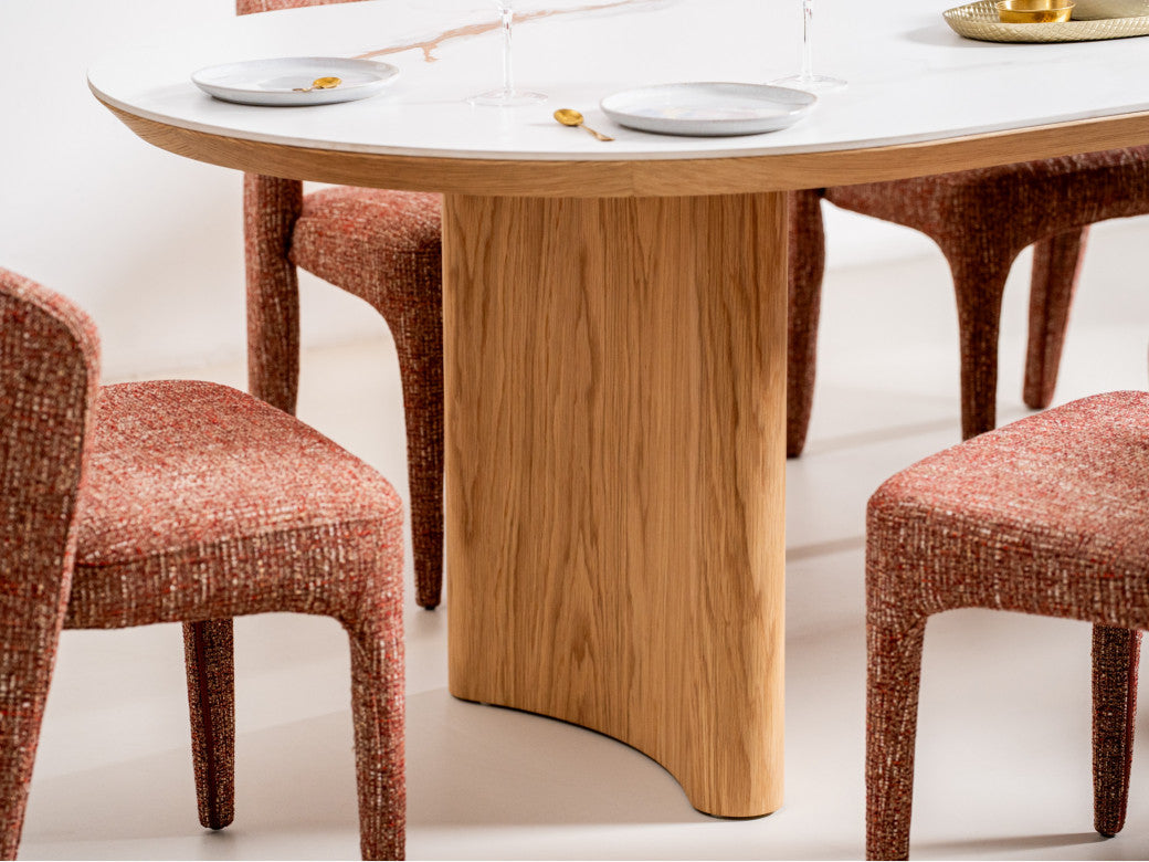 Lucerne Dining Table – Natural & Ceramic | White Oak Veneer & Marble Effect Top
