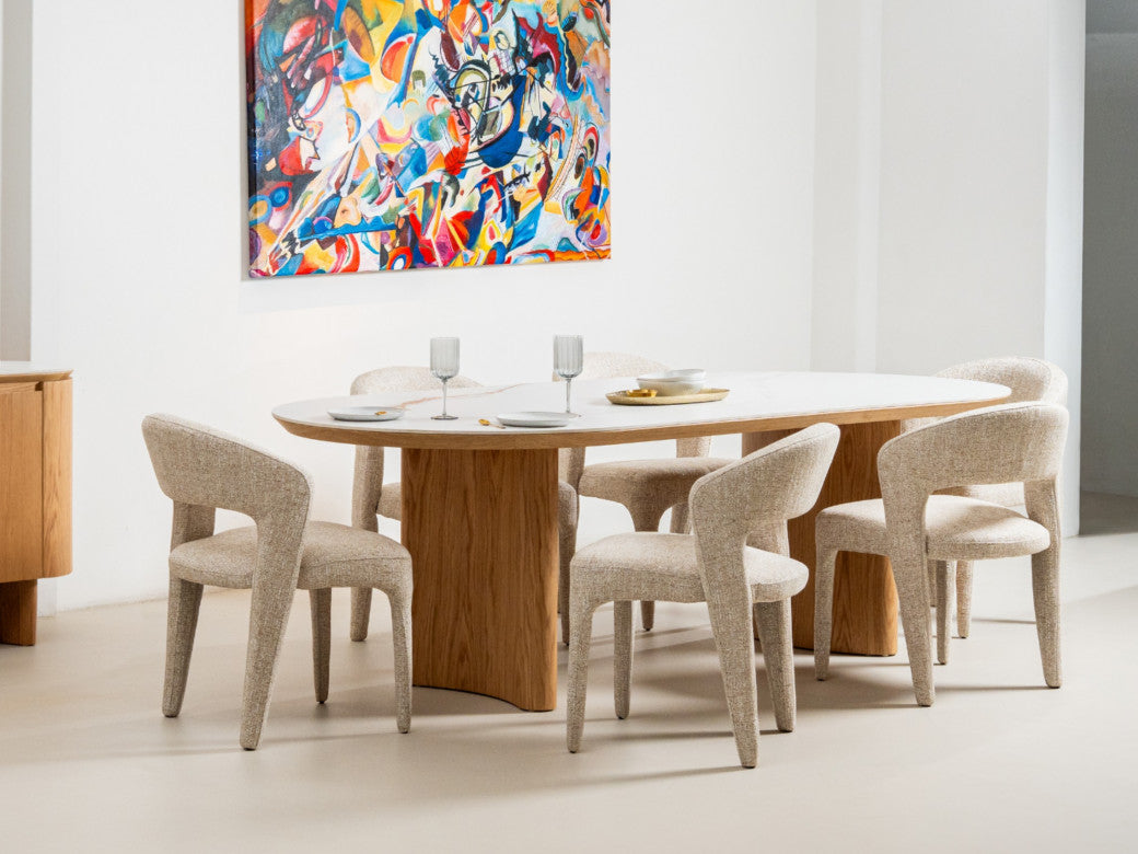 Lucerne Dining Table – Natural & Ceramic | White Oak Veneer & Marble Effect Top