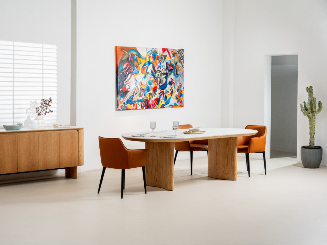 Lucerne Large Dining Table – Natural & Ceramic | White Oak Veneer & Marble Effect Top