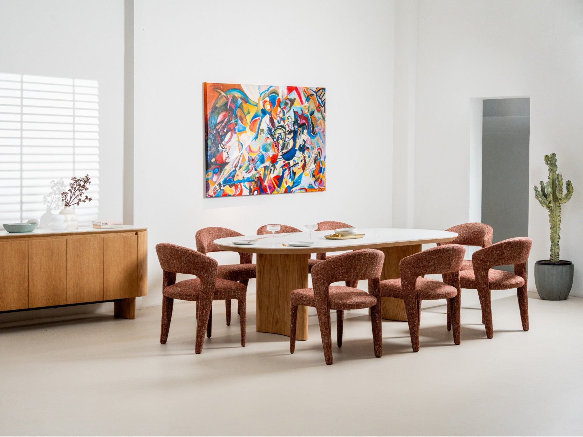 Lucerne Large Dining Table – Natural & Ceramic | White Oak Veneer & Marble Effect Top