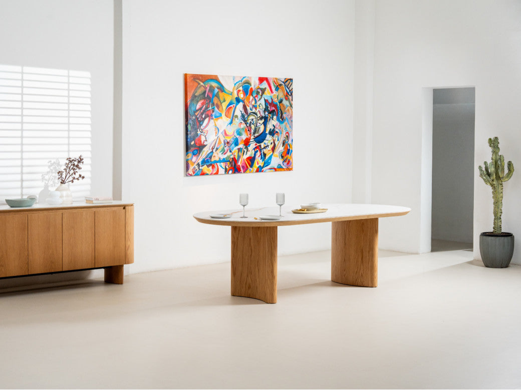 Lucerne Large Dining Table – Natural & Ceramic | White Oak Veneer & Marble Effect Top