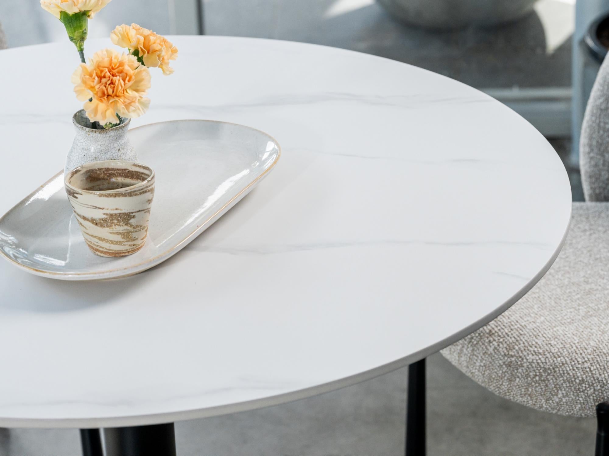 Strato Dining Table – White Sevella Marble Effect | Black Frame