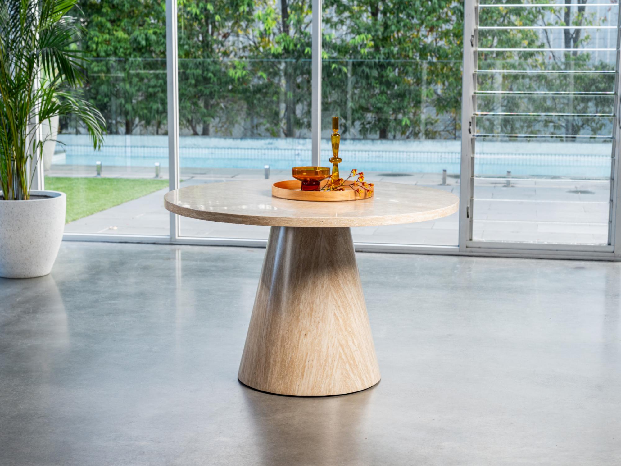 Tessa Round Dining Table – French Fawn Travertine Effect | Matching Base