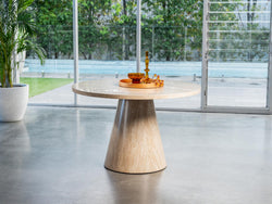 Tessa Round Dining Table – French Fawn Travertine Effect | Matching Base