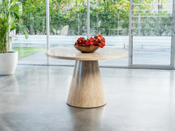 Tessa Round Dining Table – French Fawn Travertine Effect | Matching Base