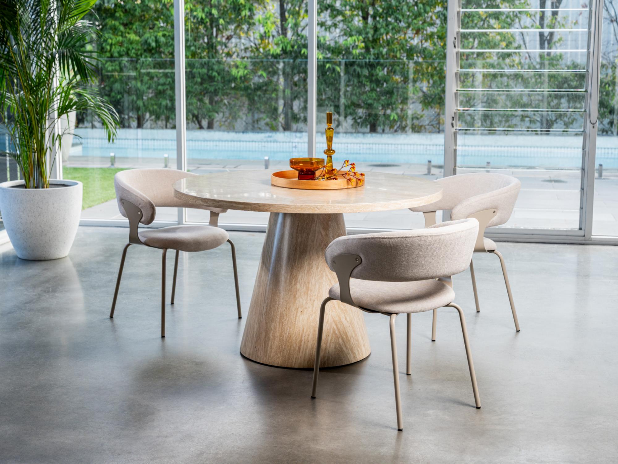 Tessa Round Dining Table – French Fawn Travertine Effect | Matching Base
