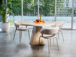 Tessa Round Dining Table – French Fawn Travertine Effect | Matching Base