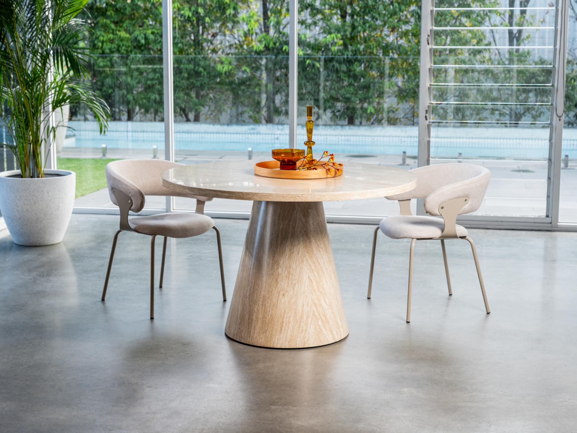 Tessa Round Dining Table – French Fawn Travertine Effect | Matching Base