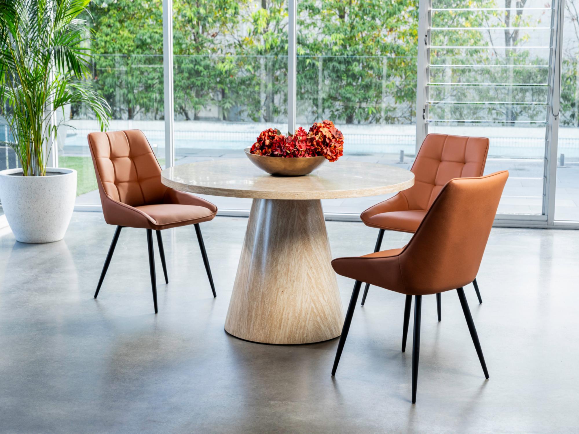 Tessa Round Dining Table – French Fawn Travertine Effect | Matching Base