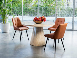 Tessa Round Dining Table – French Fawn Travertine Effect | Matching Base