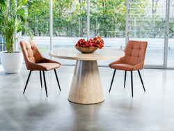 Tessa Round Dining Table – French Fawn Travertine Effect | Matching Base
