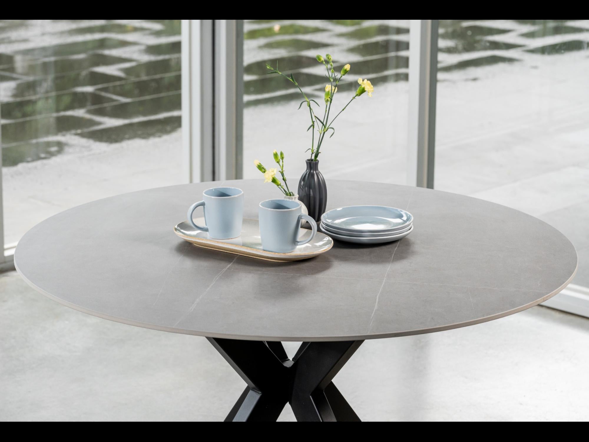 Venice Round Dining Table – Bulgarian Grey Marble Effect | Black Frame