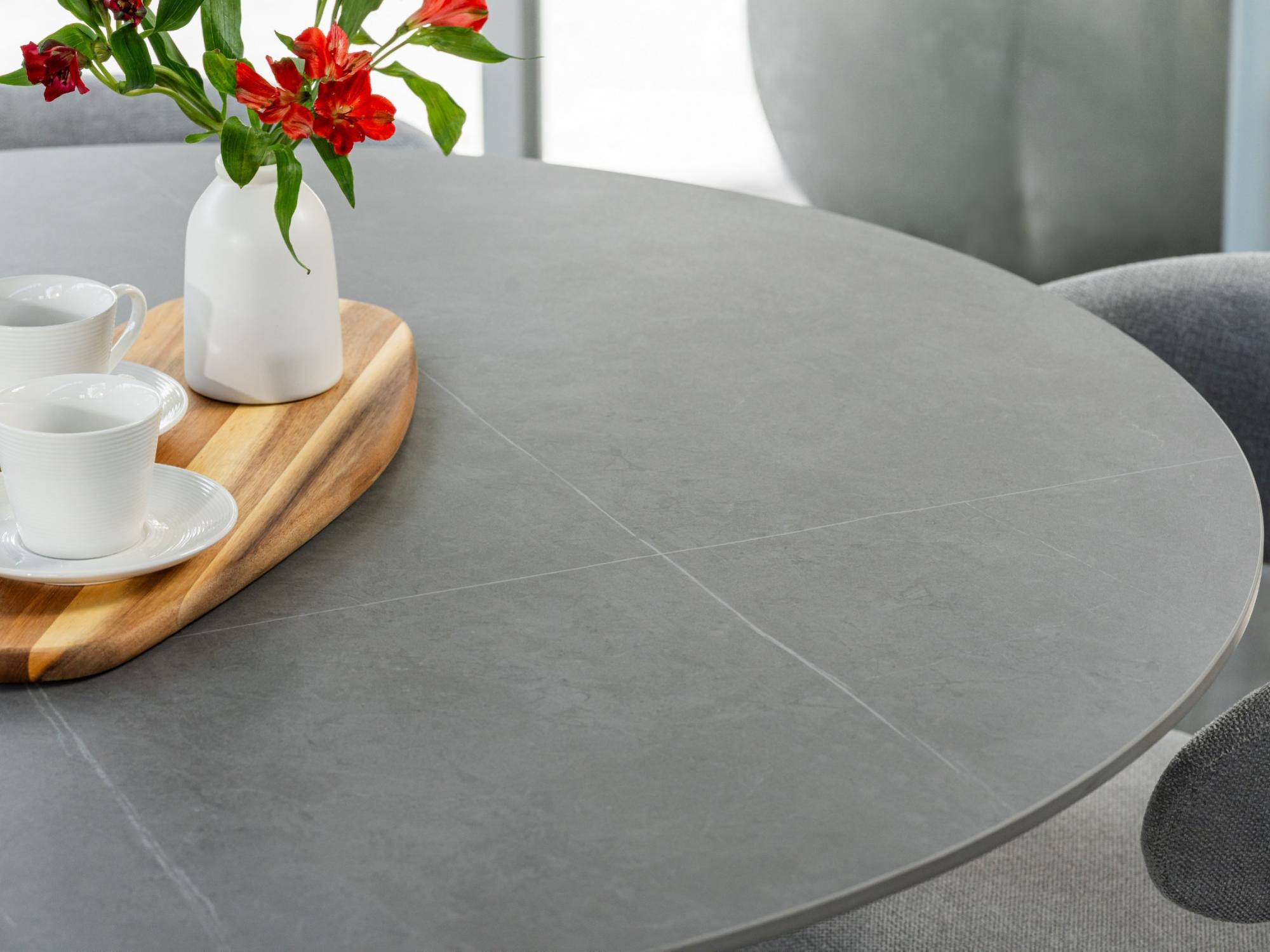 Venice Round Dining Table – Bulgarian Grey Marble Effect | Black Frame